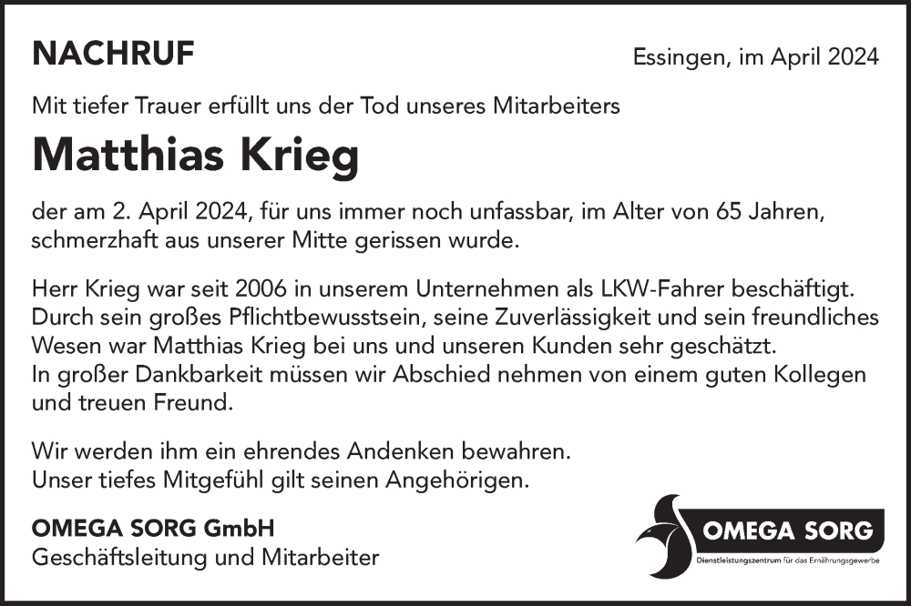  Traueranzeige für Matthias Krieg vom 10.04.2024 aus Schwäbische Post