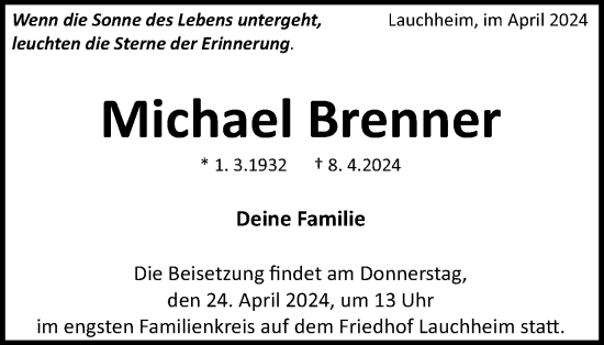 Traueranzeige von Michael Brenner von Schwäbische Post