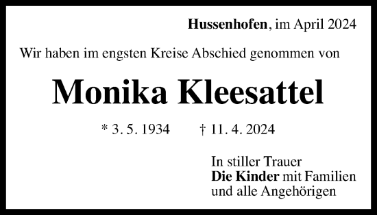 Traueranzeige von Monika Kleesattel