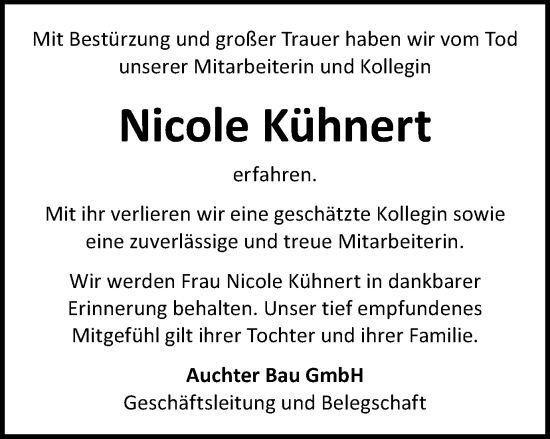 Traueranzeige von Nicole Kühnert von Schwäbische Post