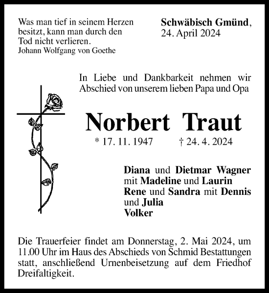 Traueranzeige von Norbert Traut von Gmünder Tagespost