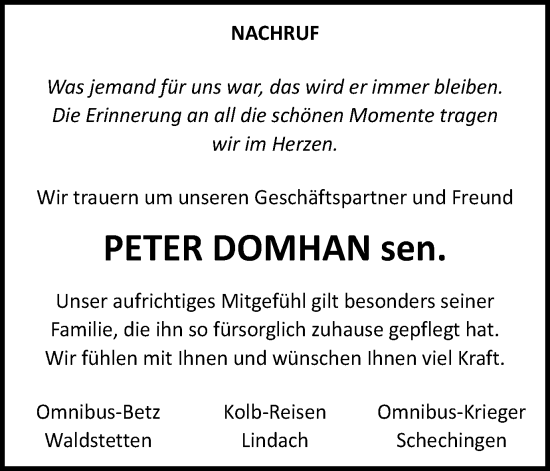 Traueranzeige von Peter Domhan von Gmünder Tagespost