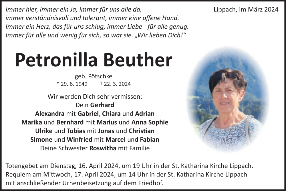  Traueranzeige für Petronilla Beuther vom 13.04.2024 aus Schwäbische Post