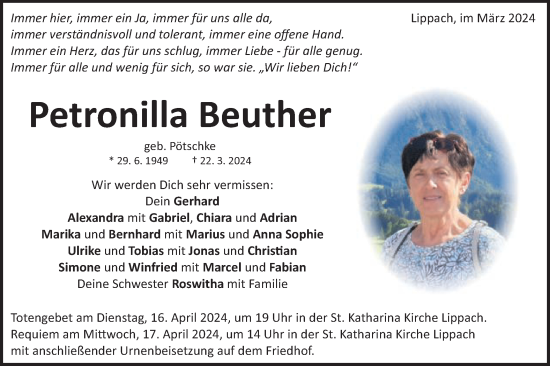 Traueranzeige von Petronilla Beuther von Schwäbische Post