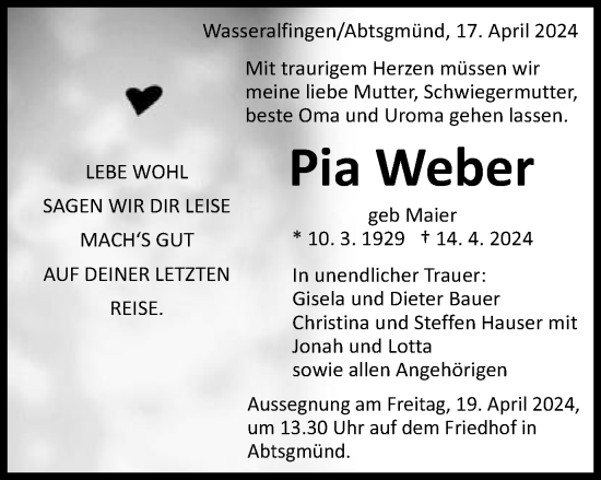 Traueranzeige von Pia Weber von Schwäbische Post