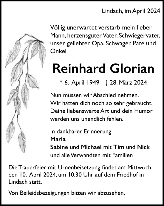 Traueranzeige von Reinhard Glorian von Gmünder Tagespost