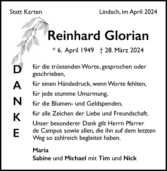 Traueranzeige von Reinhard Glorian von Gmünder Tagespost