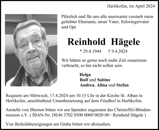 Traueranzeige von Reinhold Hägele von Gmünder Tagespost