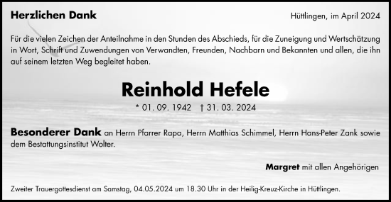 Traueranzeige von Reinhold Hefele von Schwäbische Post