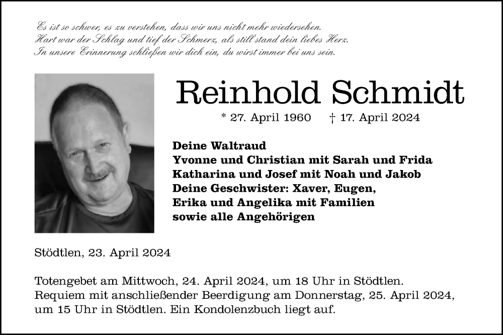  Traueranzeige für Reinhold Schmidt vom 23.04.2024 aus Schwäbische Post