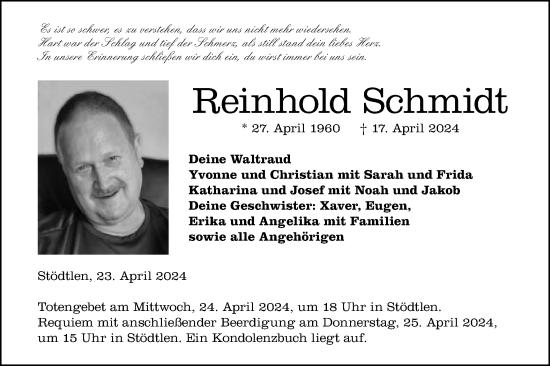 Traueranzeige von Reinhold Schmidt von Schwäbische Post