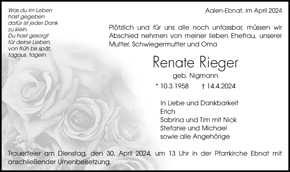  Traueranzeige für Renate Rieger vom 27.04.2024 aus Schwäbische Post