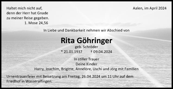 Traueranzeige von Rita Göhringer von Schwäbische Post