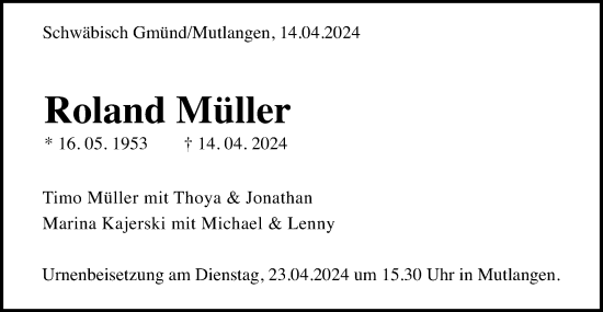 Traueranzeige von Roland Müller