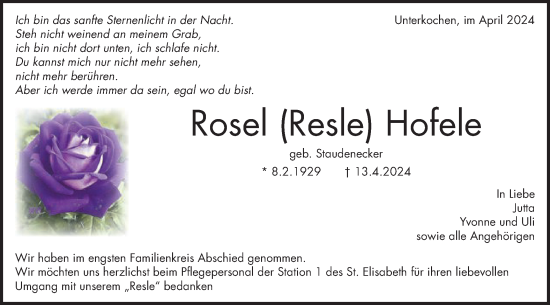 Traueranzeige von Rosel Hofele von Schwäbische Post