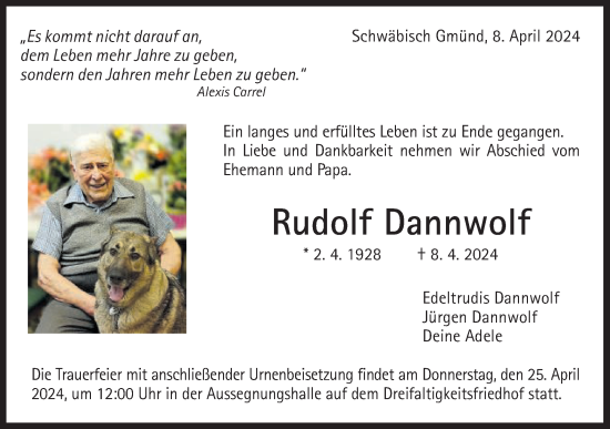 Traueranzeige von Rudolf Dannwolf von Gmünder Tagespost