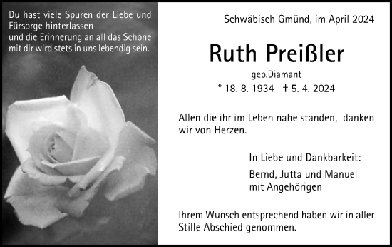 Traueranzeige von Ruth Preißler von Gmünder Tagespost