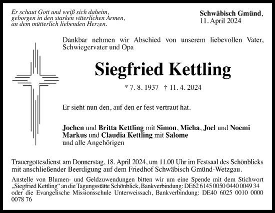 Traueranzeige von Siegfried Kettling von Gmünder Tagespost