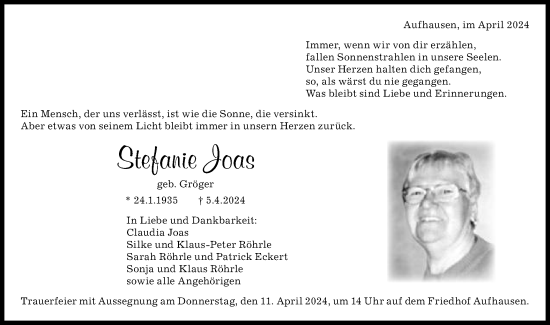 Traueranzeige von Stefanie Joas von Schwäbische Post