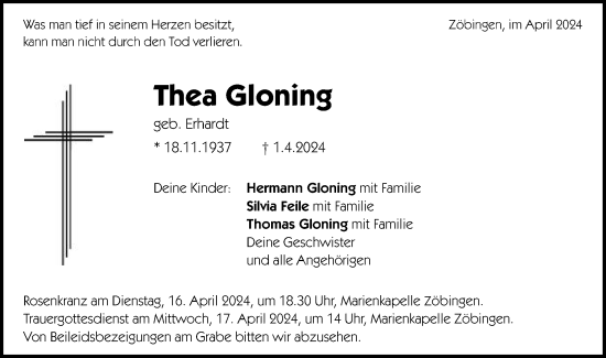Traueranzeige von Thea Gloning von Schwäbische Post