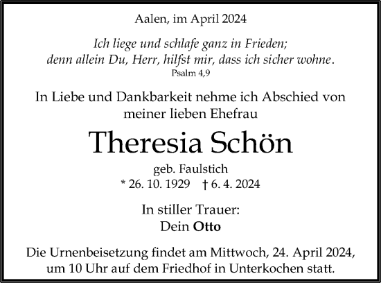 Traueranzeige von Theresia Schön von Schwäbische Post