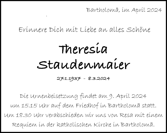 Traueranzeige von Theresia Staudenmaier von Gmünder Tagespost
