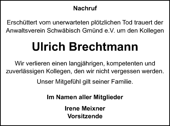 Traueranzeige von Ulrich Brechtmann von Gmünder Tagespost