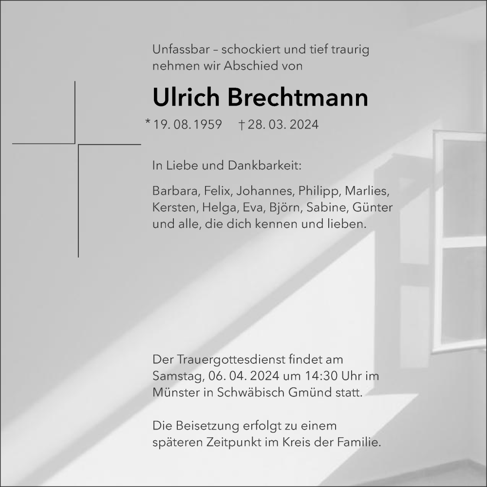  Traueranzeige für Ulrich Brechtmann vom 05.04.2024 aus Gmünder Tagespost
