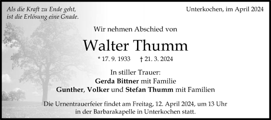 Traueranzeige von Walter Thumm von Schwäbische Post