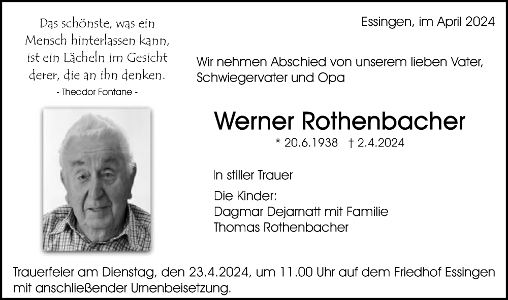  Traueranzeige für Werner Rothenbacher vom 19.04.2024 aus Schwäbische Post