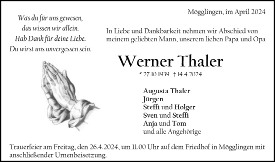 Traueranzeige von Werner Thaler von Gmünder Tagespost