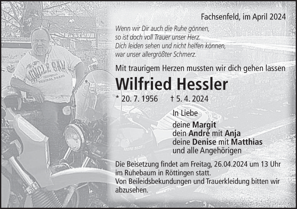  Traueranzeige für Wilfried Hessler vom 20.04.2024 aus Schwäbische Post