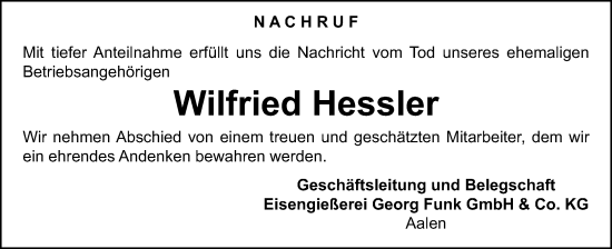 Traueranzeige von Wilfried Hessler von Schwäbische Post