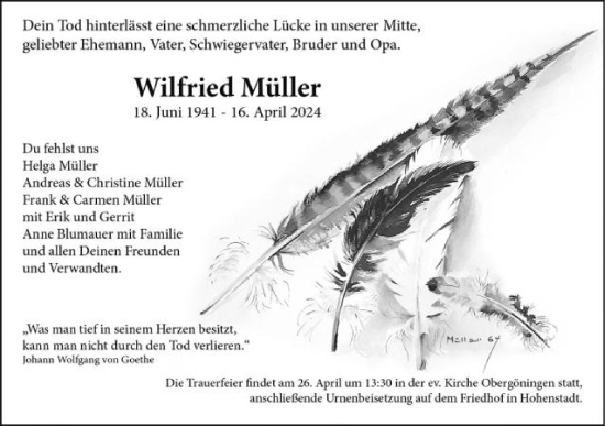 Traueranzeige von Wilfried Müller von Schwäbische Post