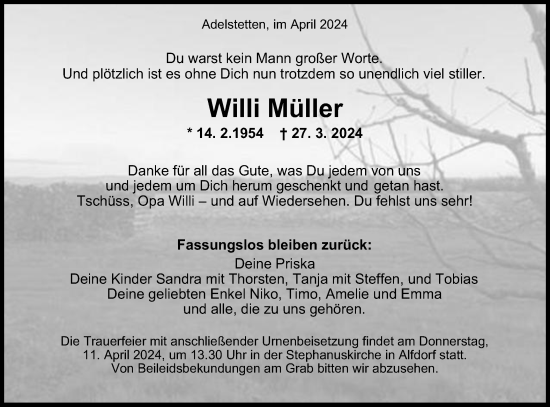 Traueranzeige von Willi Müller von Gmünder Tagespost