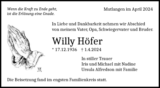 Traueranzeige von Willy Höfer von Gmünder Tagespost