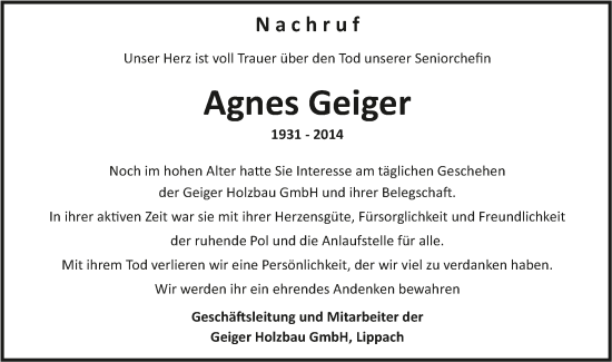 Traueranzeige von Agnes Geiger von Schwäbische Post