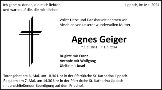 Traueranzeige von Agnes Geiger von Schwäbische Post