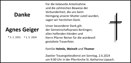 Traueranzeige von Agnes Geiger von Schwäbische Post