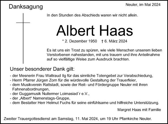 Traueranzeige von Albert Haas von Schwäbische Post