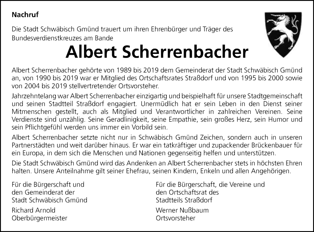  Traueranzeige für Albert Scherrenbacher vom 25.05.2024 aus Gmünder Tagespost