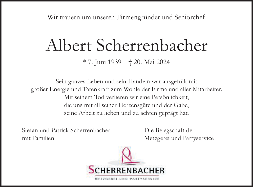  Traueranzeige für Albert Scherrenbacher vom 25.05.2024 aus Gmünder Tagespost