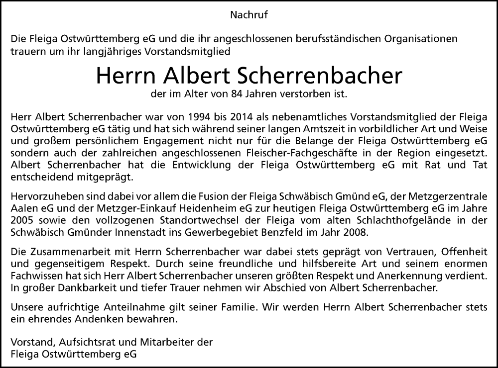  Traueranzeige für Albert Scherrenbacher vom 25.05.2024 aus Gmünder Tagespost