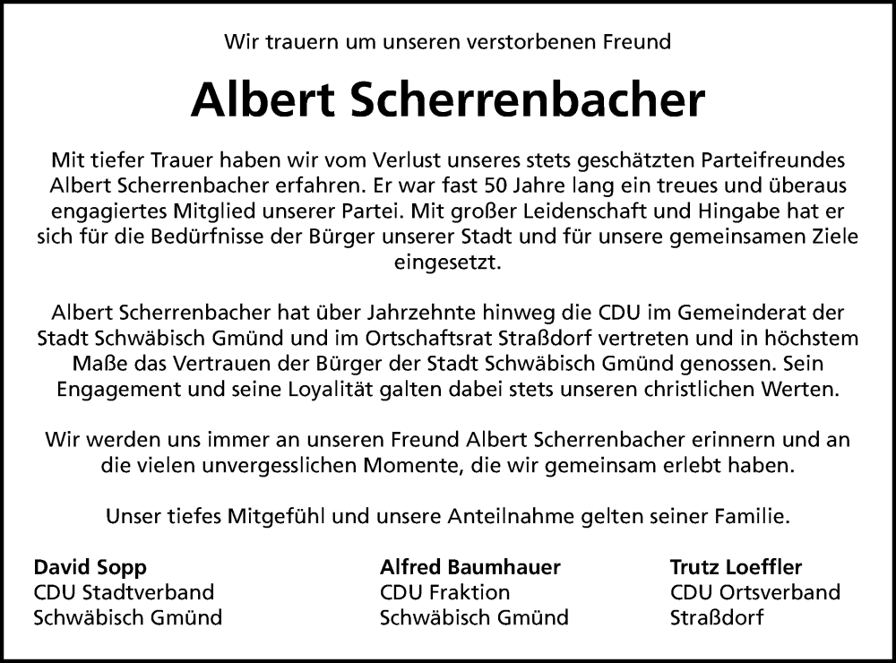  Traueranzeige für Albert Scherrenbacher vom 28.05.2024 aus Gmünder Tagespost