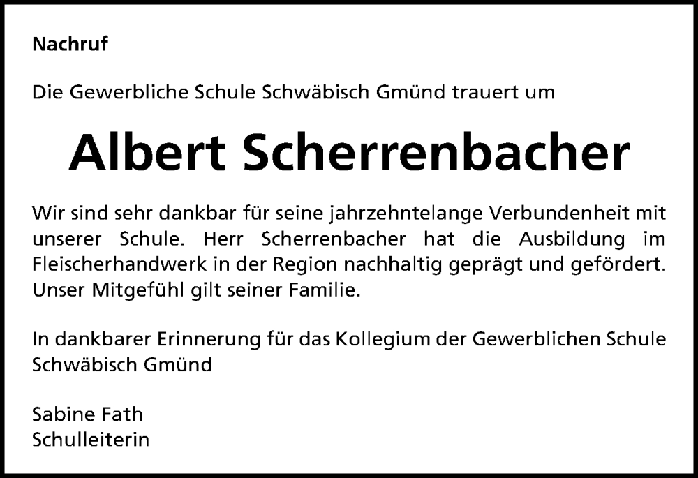  Traueranzeige für Albert Scherrenbacher vom 28.05.2024 aus Gmünder Tagespost