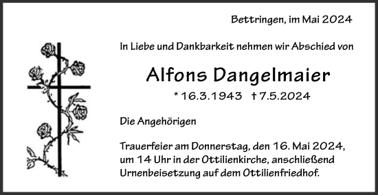 Traueranzeige von Alfons Dangelmaier von Gmünder Tagespost