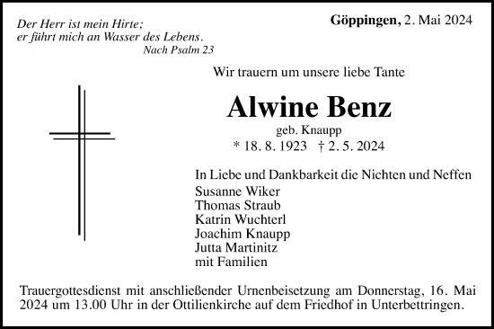 Traueranzeige von Alwine Benz von Gmünder Tagespost