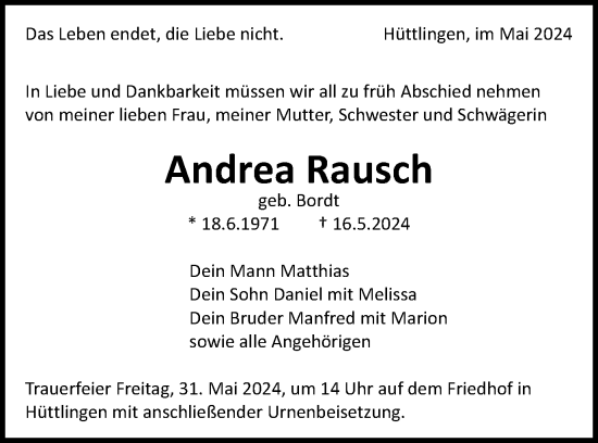 Traueranzeige von Andrea Rausch von Schwäbische Post