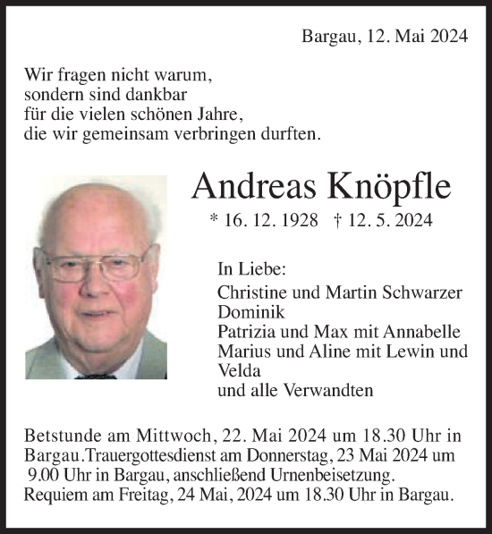 Traueranzeige von Andreas Knöpfle von Gmünder Tagespost