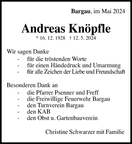 Traueranzeige von Andreas Knöpfle von Gmünder Tagespost